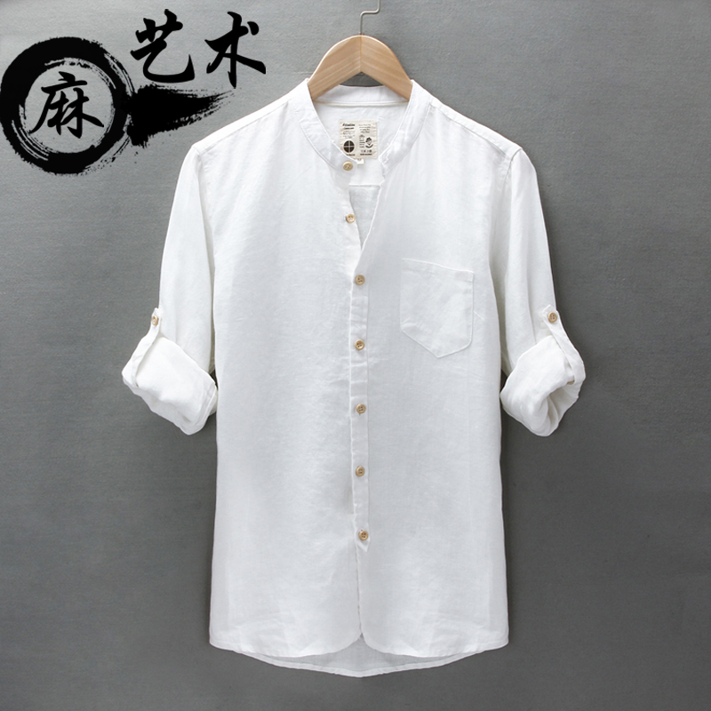 2016新款纯色立领长袖亚麻衬衫男式修身简约白衬衫棉麻衬衣中国风