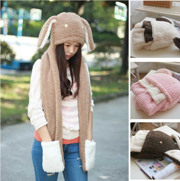 韩国冬天卡通学生帽女兔子长耳朵加厚保暖围巾手套三合一可爱萌潮