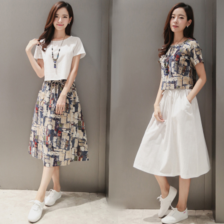 夏装新款女装韩范迷彩复古两件套短袖套装裙子棉麻连衣裙大码中裙