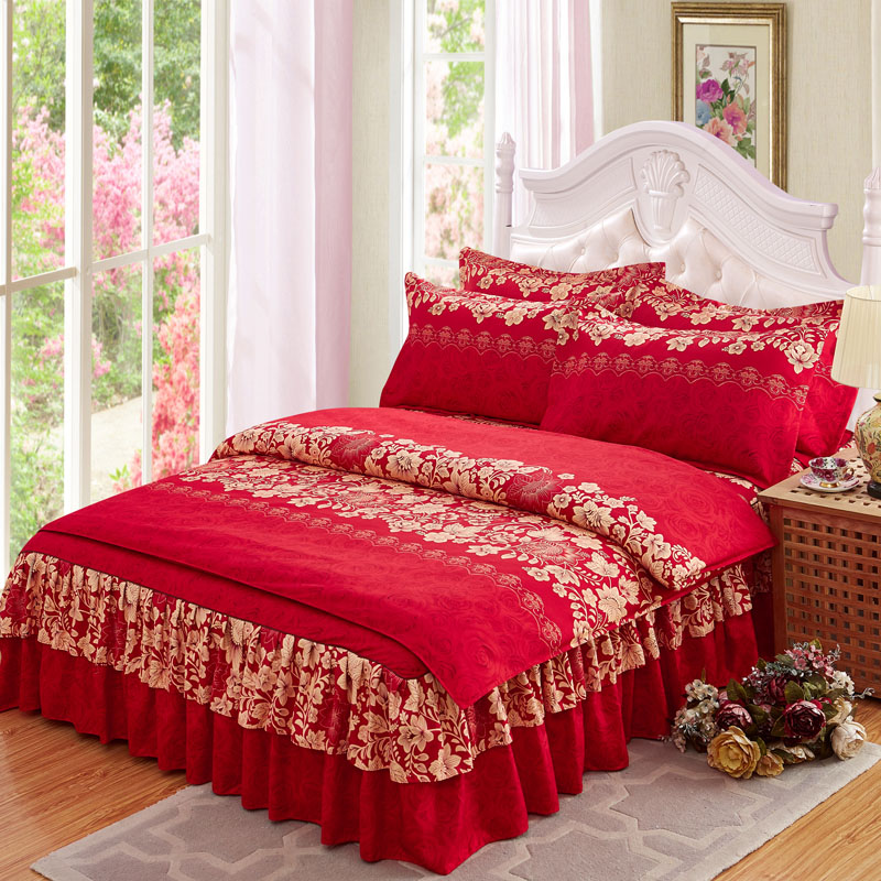 加厚床罩床裙四件套磨毛婚庆大红被套1.5/1.8/2.0m床上用品双人