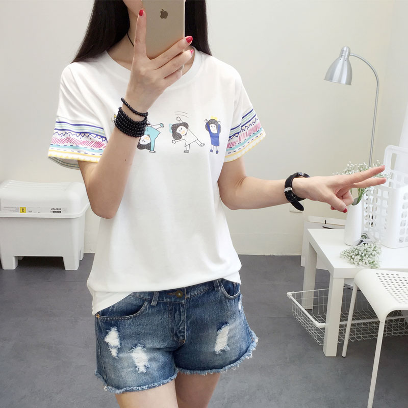 韩版纯棉卡通短袖T恤女夏2016新款圆领宽松小女孩印花学生上衣