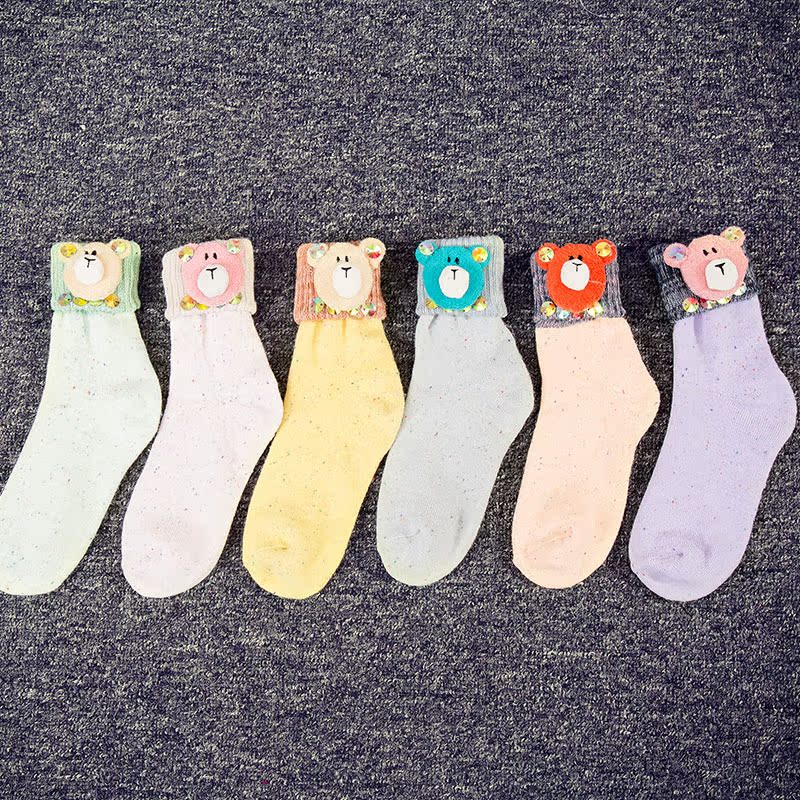 高端制作手工袜2016欧美潮牌个性小熊装饰短筒女袜纯手工制作