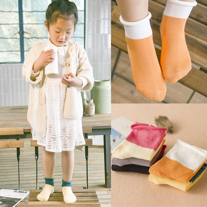 1-3-5-6岁儿童袜子夏季薄款 秋冬新款拼色卷边纯棉男女儿童短袜子