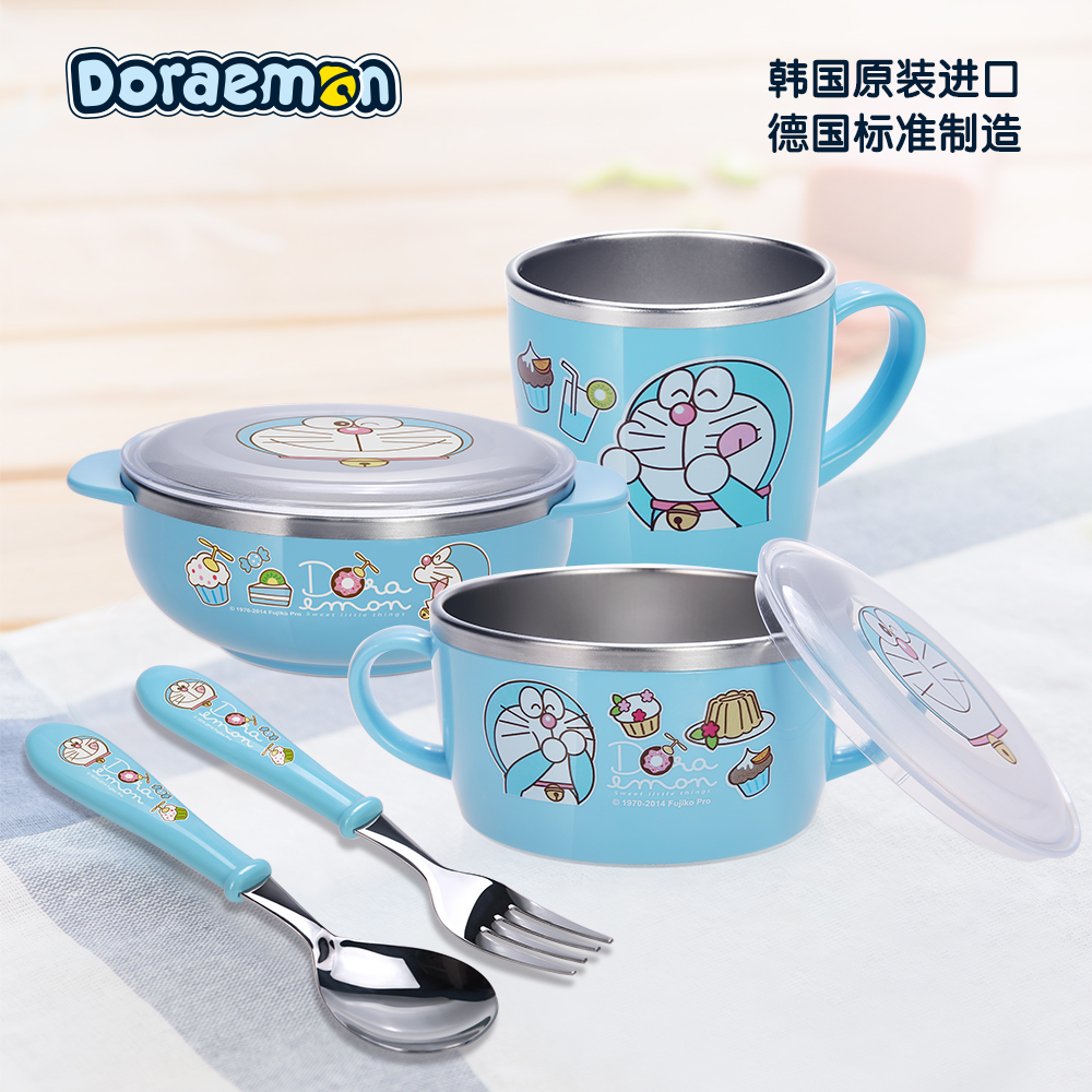韩国进口婴儿童餐具套装不锈钢吸盘碗宝宝保温碗带盖勺子哆啦a梦