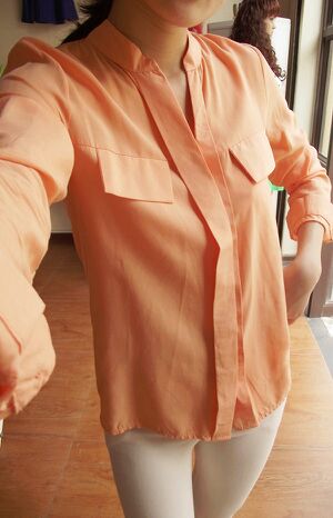 手感好韩版棉质衬衫打底橘色上衣
