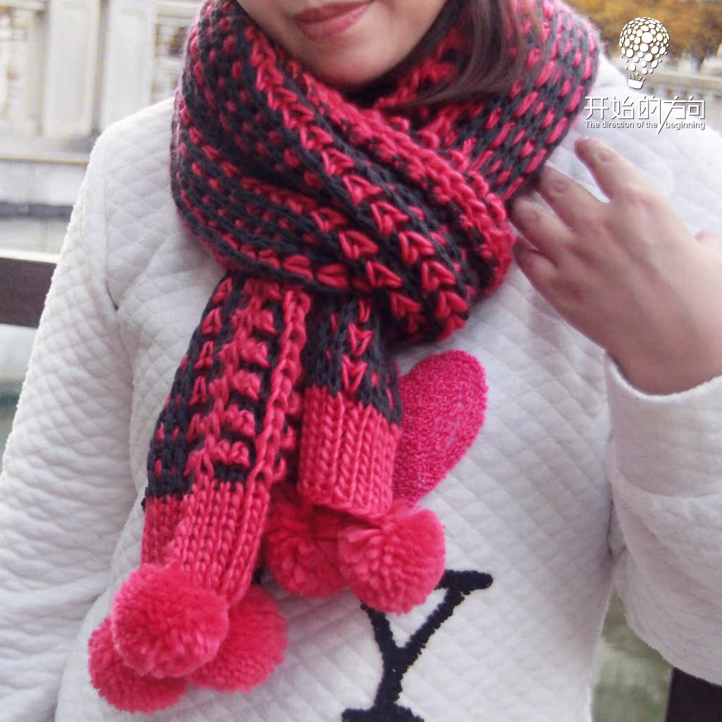 冬季围巾女红色韩版球球加厚毛线针织韩国学生冬天保暖纯色围脖潮
