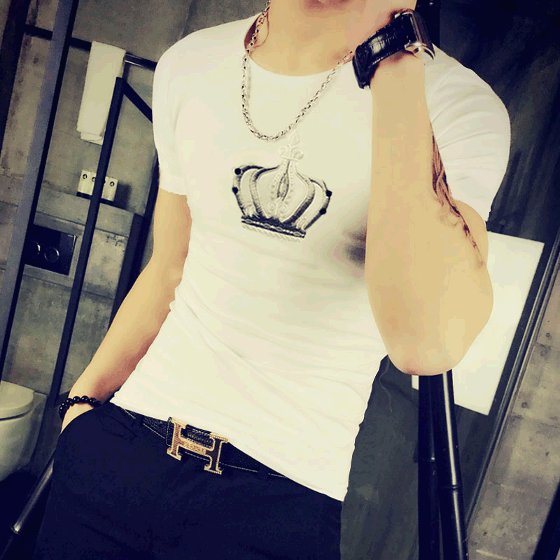 夏装短款短袖t恤男士韩版修身刺绣个性紧身半袖社会小伙弹力体恤
