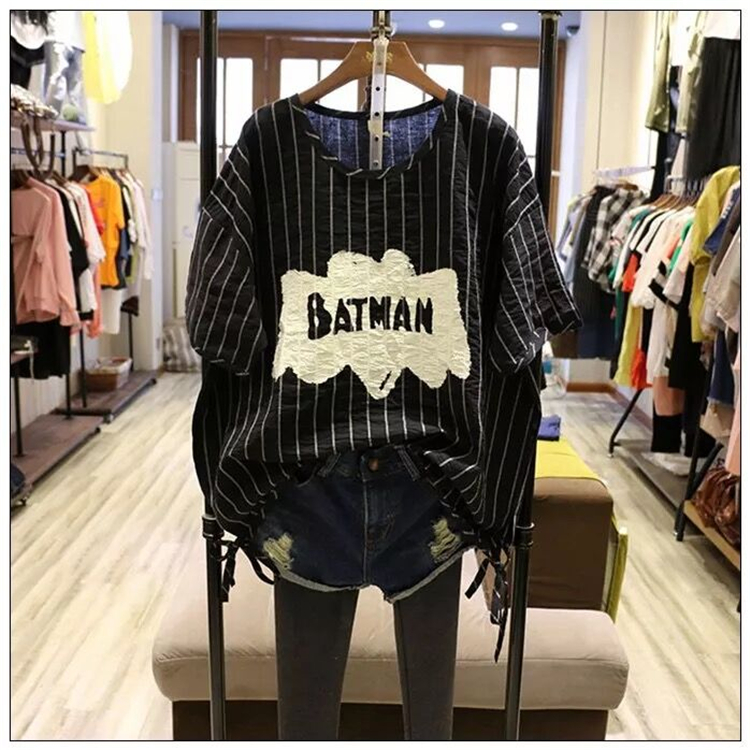 韩国2016夏新款BF风蝙蝠袖宽松衬衣女棉麻短袖竖条纹衬衫套头t恤