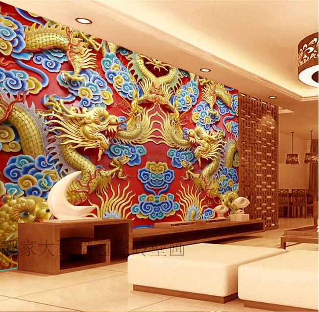 大型壁画九龙戏珠电视客厅沙发背景墙壁纸立体壁画墙纸无缝壁纸