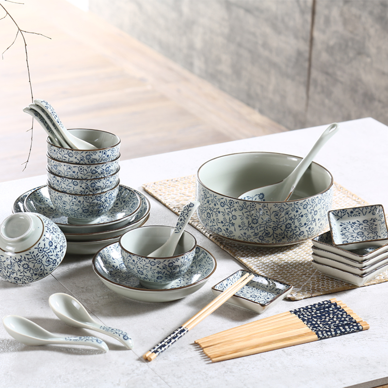 日式陶瓷器餐具套装家用饭碗菜盘子勺子大汤碗组合碗盘碟筷釉下彩