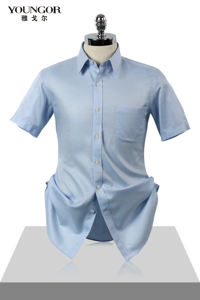 雅戈尔专柜正品男夏款高支全棉免烫白蓝小格短袖衬衫 STP18108-23