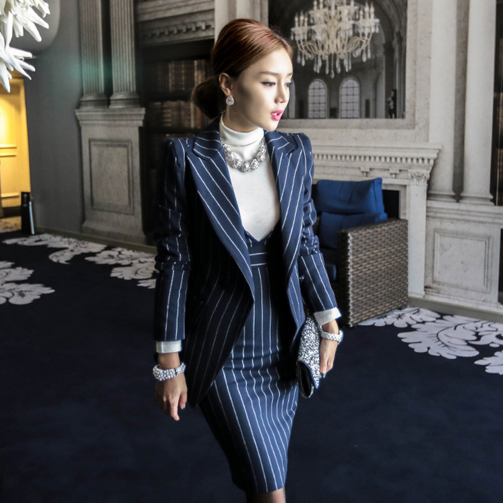 2016秋季韩版时尚条纹套装女长袖西装外套+背心包臀连衣裙两件套