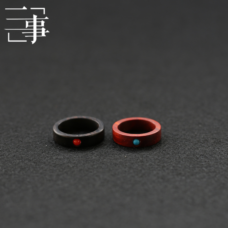 华年 纯天然黑红色檀木头料戒指环手工制作配红玛瑙绿松石转运珠
