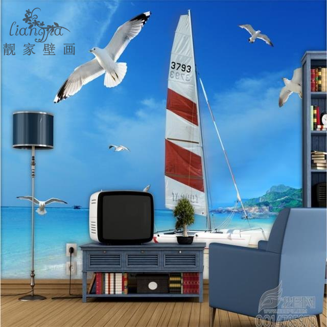 现代简欧3d立体海滩海鸥风景电视背景墙纸壁布    无缝大型壁画