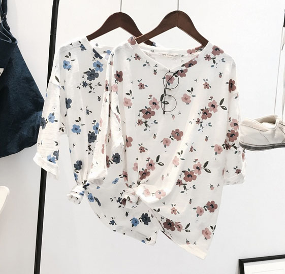 2016夏季新款 日系女装印花中袖棉T恤短袖休闲碎花打底衫