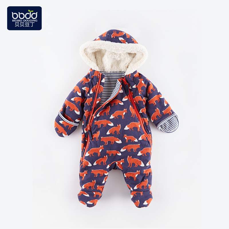 婴幼儿连体衣冬装保暖加厚0-1-2岁宝宝睡衣双拉链连帽新生儿衣服