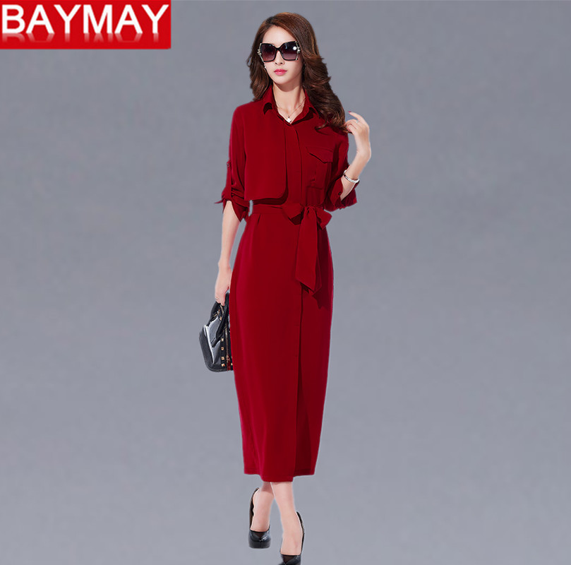 BAYMAY2016春装新款韩版精品女中长款开衩系带修身显瘦长袖连衣裙