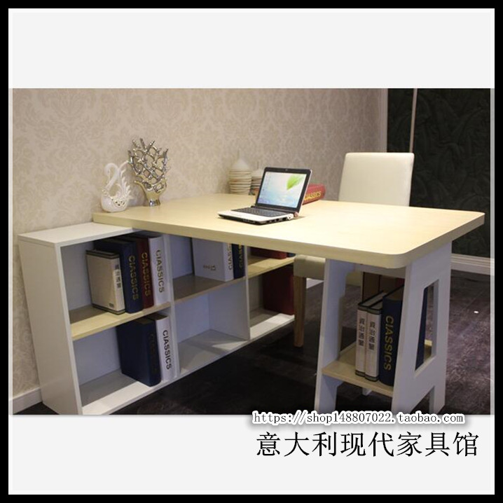 新款现代时尚北欧风格双人书桌电脑桌办公桌带书柜 可定制定做