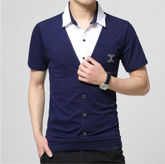 16年夏季t恤男短袖韩版修身男士假两件衬衫领半袖t恤青年韩版潮款