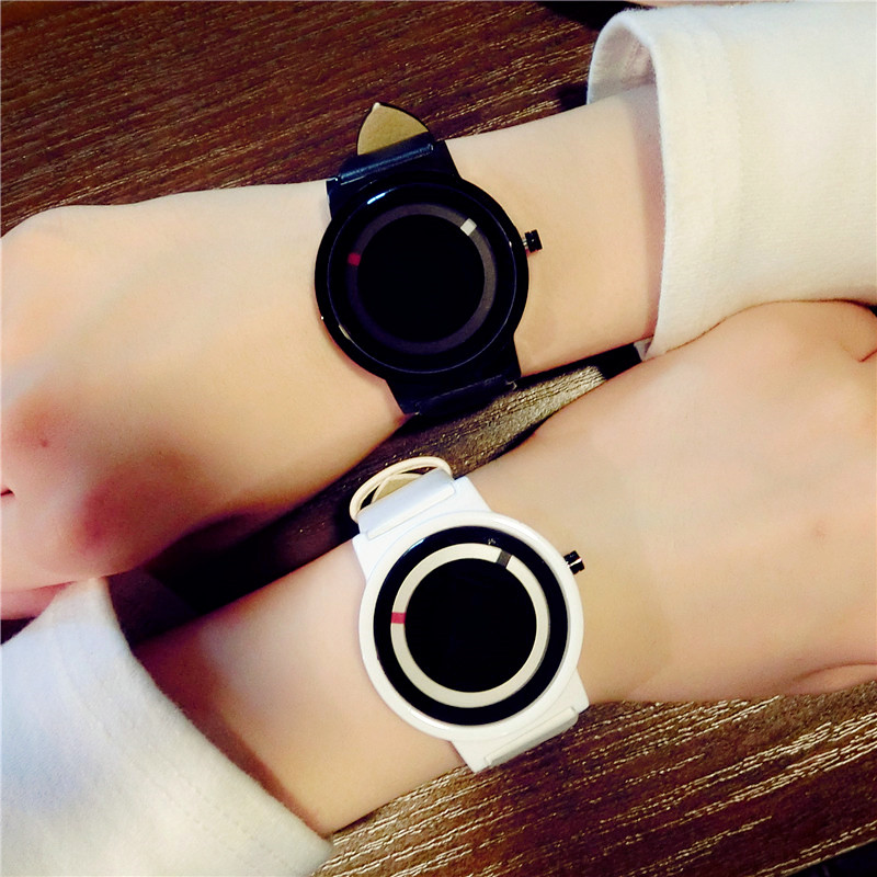创意黑白概念日食无指针手表女学生韩版简约时尚潮男情侣手表一对