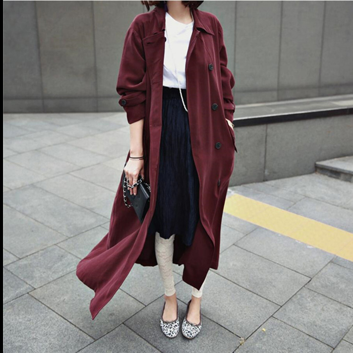 初秋新款2016韩版修身中长款大码休闲外套双排扣长款女式风衣长袖