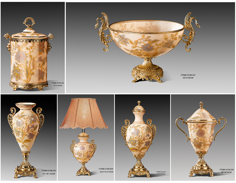 高档水晶玻璃镶铜软装摆件新古典美式欧式花瓶台灯果盘盖坛储物罐