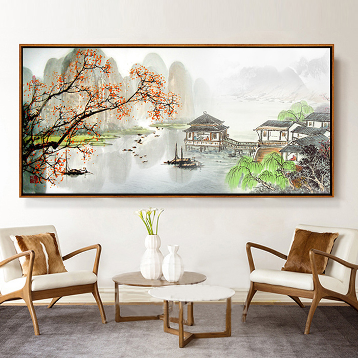 新中式水墨山水国画现代客厅装饰画卧室沙发背景挂画办公室墙画画