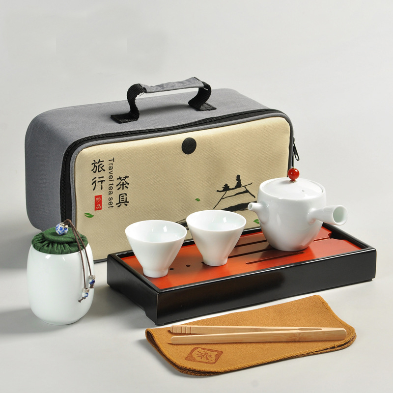 甜白瓷功夫茶具整套装青花描金茶壶茶杯茶叶罐陶瓷竹茶盘旅行包