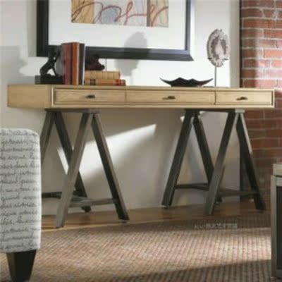 美式乡村实木书桌复古办公桌电脑桌工作台防锈做旧铁艺书桌子
