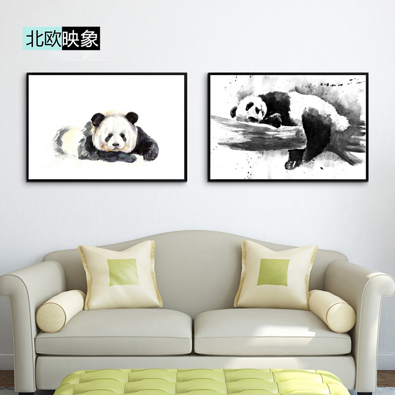 水墨熊猫北欧装饰画客厅挂画儿童房壁画餐厅床头画沙发床头背景画