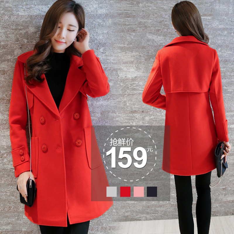 毛呢外套女装秋冬新品韩版中长款修身显瘦西装领红色羊毛呢子大衣