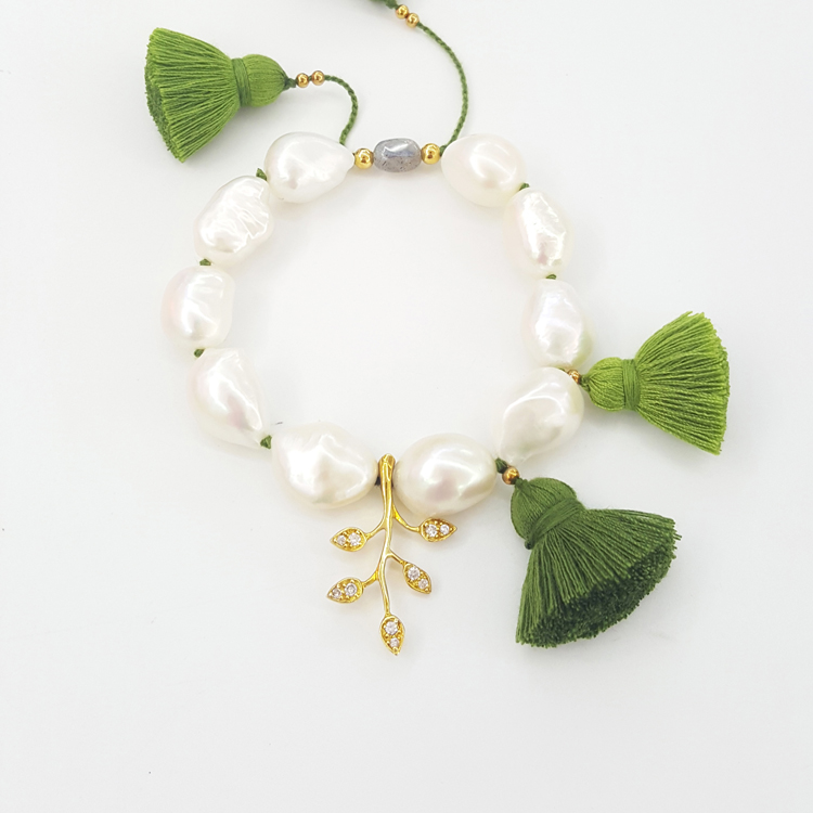 原创手工设计天然淡水异形白珍珠银镀金树叶复古绿流苏手链