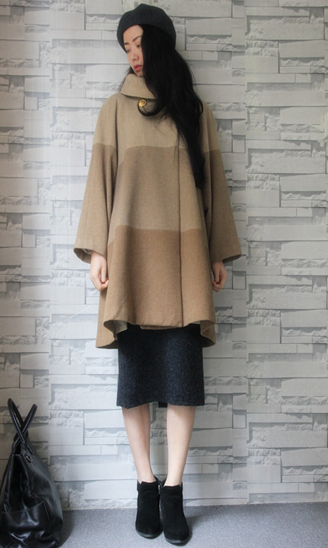 【特价】复古 日本制拼色造型控A字斗篷款双面绒羊毛大衣
