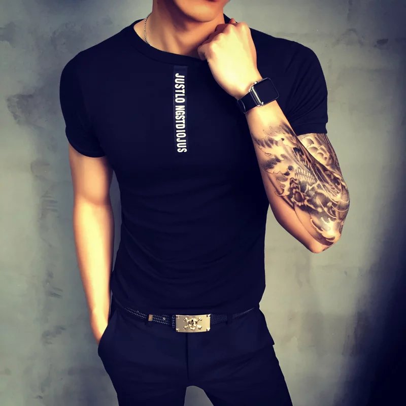 夏季夜店情侣高领T恤韩版青少年半截袖男士修身短袖潮流紧身体恤