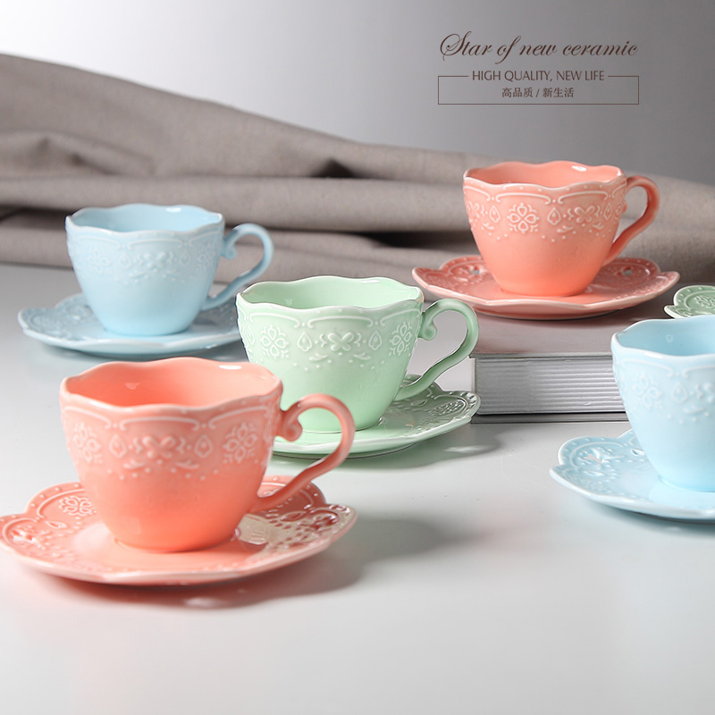 欧式浮雕陶瓷蕾丝咖啡杯碟套装创意牛奶杯碟情侣杯碟下午茶具茶杯