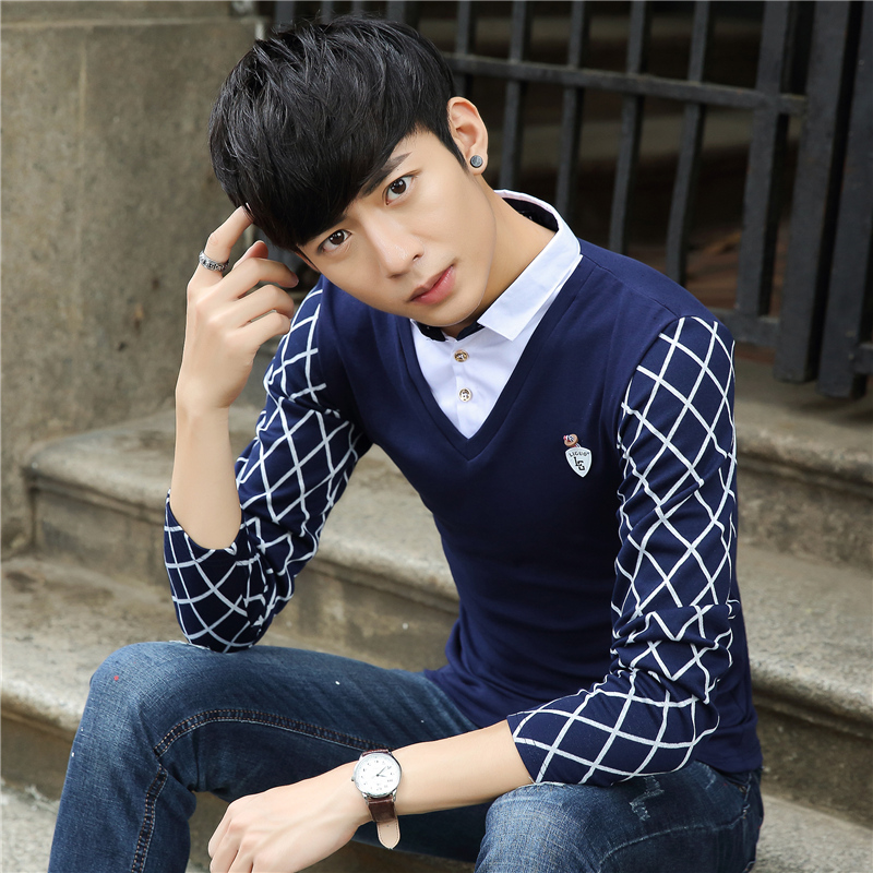 2016秋季男士针织长袖t恤 韩版修身体恤衬衫领假2件线衫潮男上衣