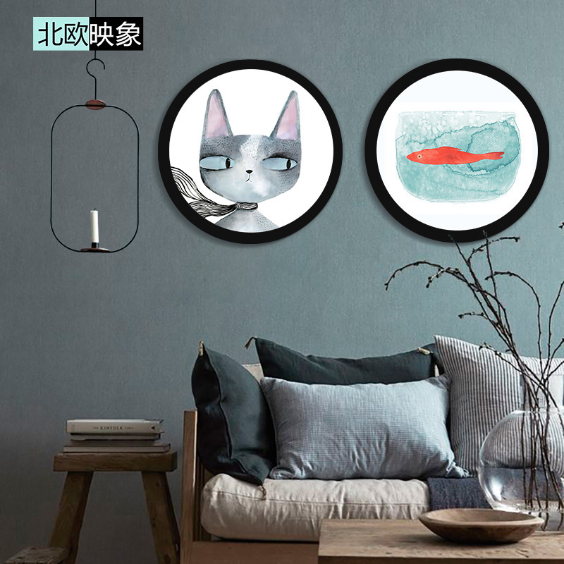 猫鱼斜眼的猫现代简约圆形装饰画客厅沙发背景墙儿童房挂画zf1