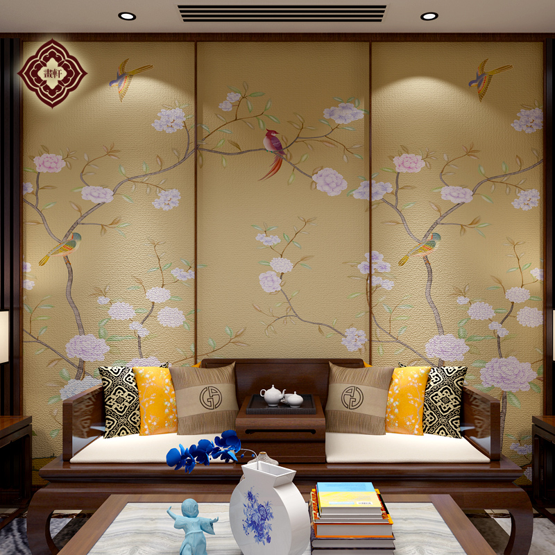 手绘现代中式花鸟电视背景墙纸壁画客厅卧室大型无缝艺术墙布定制