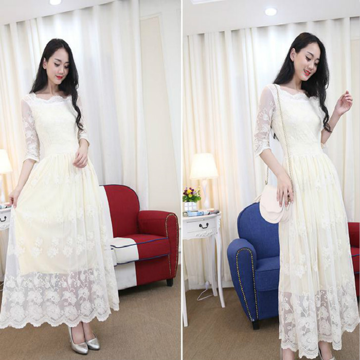 2016夏季新款女装韩国大码中长款蕾丝裙子修身名媛气质长裙连衣裙