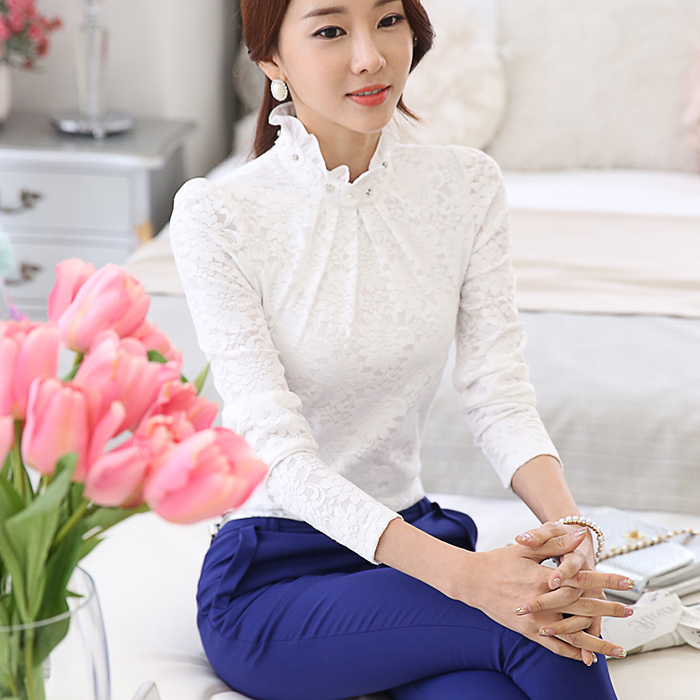 2016秋装新款韩版大码女装长袖上衣加绒雪纺衫蕾丝打底衫衬衫女潮