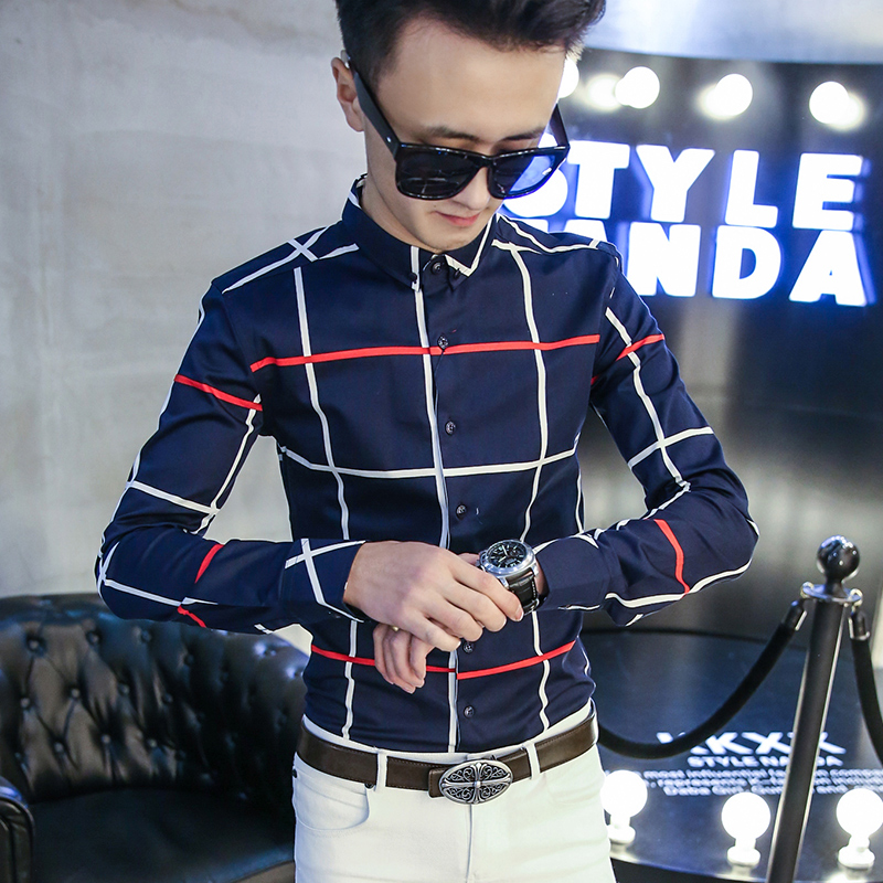 2016春季格子衬衫韩版修身男士修身长袖衫男款春装小码衬衣青年男