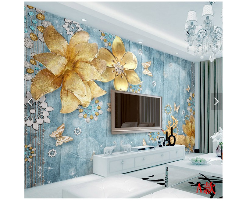 3d奢华金色珠宝天鹅蝴蝶花朵地中海欧式4D立体电视背景墙壁画壁纸