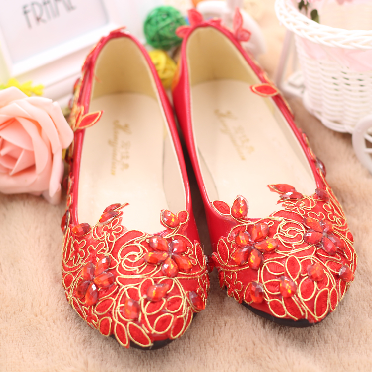 特价低帮坡跟鞋高跟红鞋平底新娘鞋红色结婚中跟鞋手工水晶蕾丝鞋