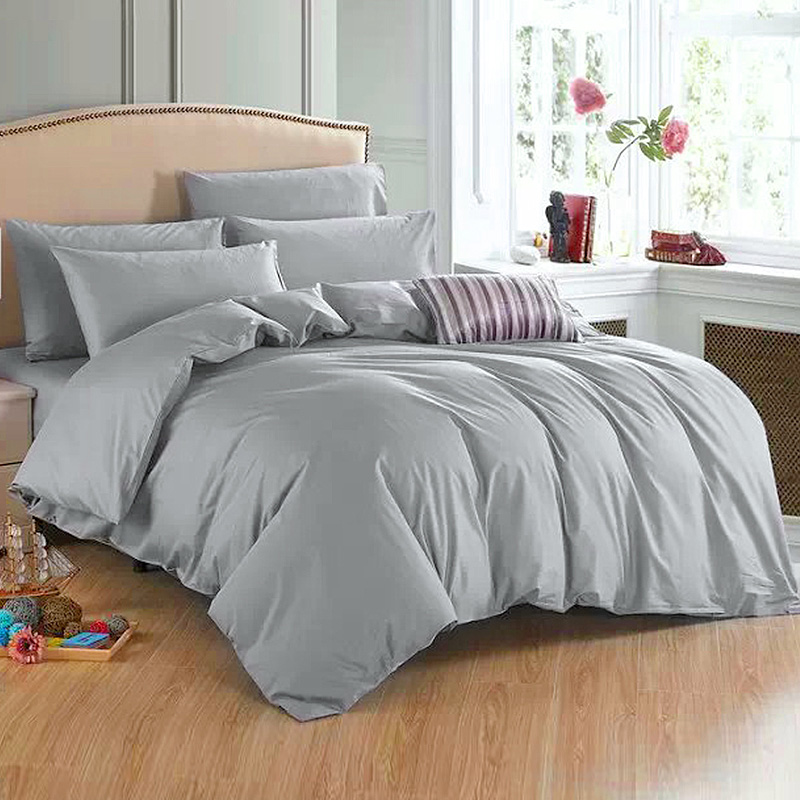 银灰色全棉纯色素色床笠床单式床上用品四件套纯棉被套1.8m床浅灰