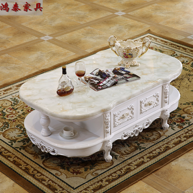 欧式大理石组合茶几简约现代客厅白色实木橡木雕花带抽屉创意茶桌