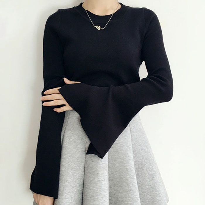 2016秋装新款韩版纯色圆领开叉长袖喇叭袖针织衫上衣