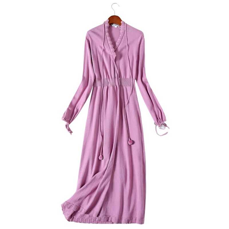 紫色优雅超长修身女士睡裙超长款显身材百分百纯棉毛线衣针织长裙