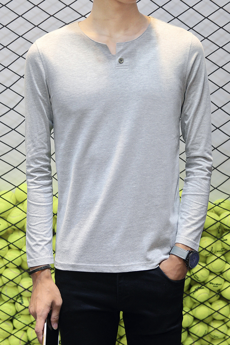 2016秋季男士长袖T恤男青年纯棉修身纯色V领体恤衫韩版休闲打底衫
