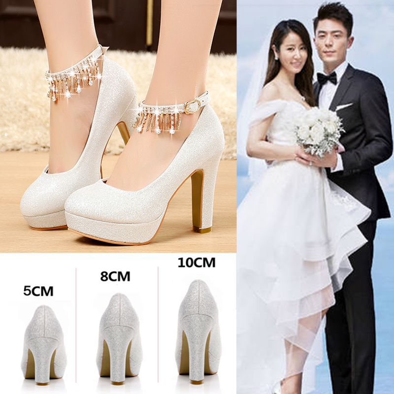 婚纱鞋白色女婚鞋粗跟新娘鞋银色高跟鞋春秋季伴娘鞋子礼服宴会鞋