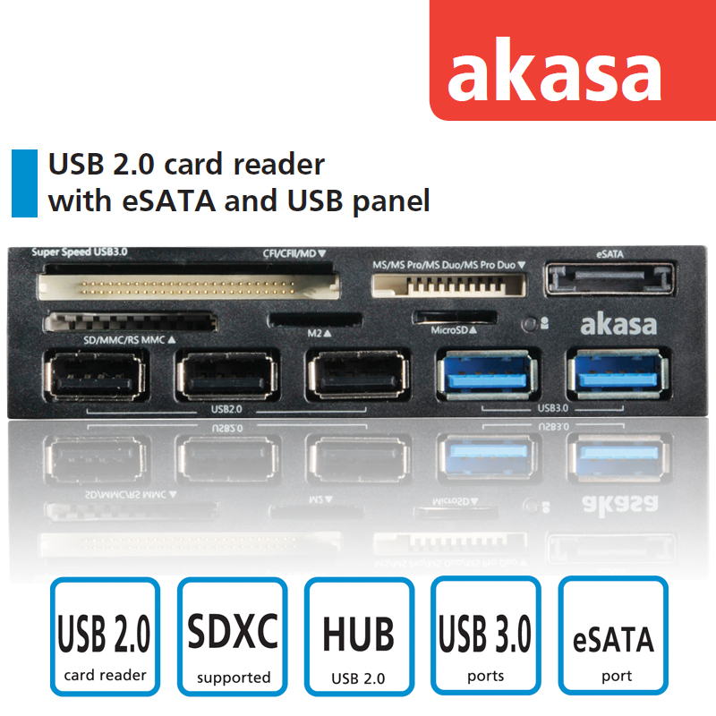 akasa内置软驱位读卡器多合一USB3.0 HUB高速相机内存卡TF/SD通用